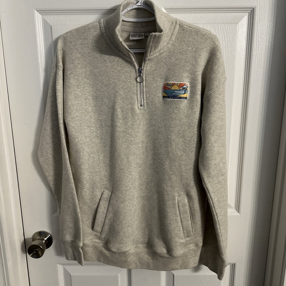 Ron Jon Surf Shop 1/4 Zip Pullover Mens Large Pocket Graphic Light Beige